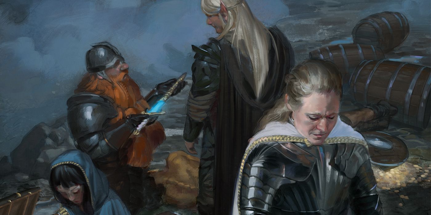A party of Dungeons & Dragons adventurers browsing through a treasure hoard.