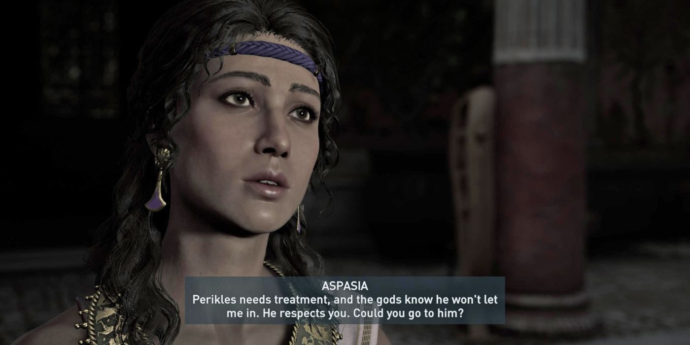 Aspasia urges the player to talk to Perikles who won't let even her in