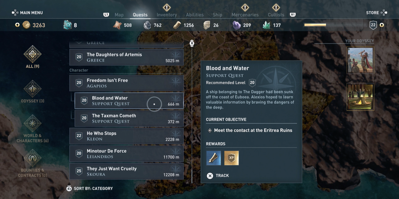 The quests section of the pause menu