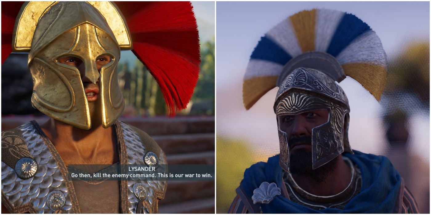 Lysander (left) tells Alexios/Kassandra to kill Athenian fort polemarchs and Demosthenes (right) as he appears in game