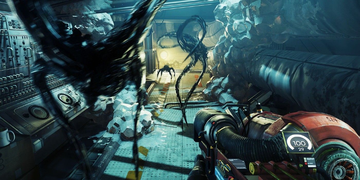 prey character with weapon against aliens