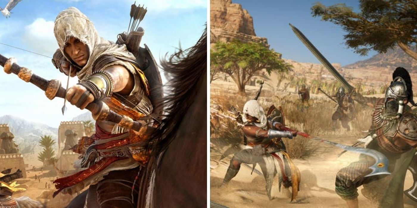 Assassin's Creed Origins Bayek with various weapons attacking