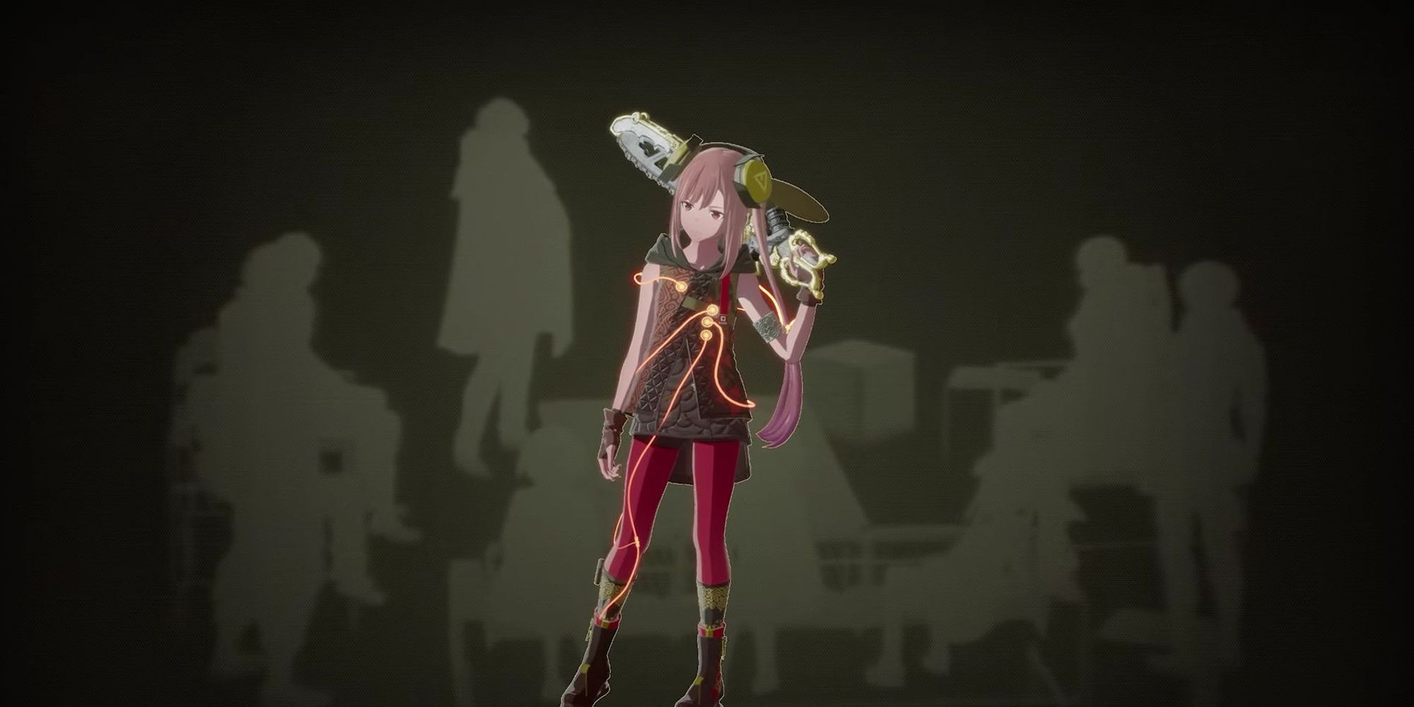 Arashi Spring wielding her special Chainsaw the Ayame in Scarlet Nexus