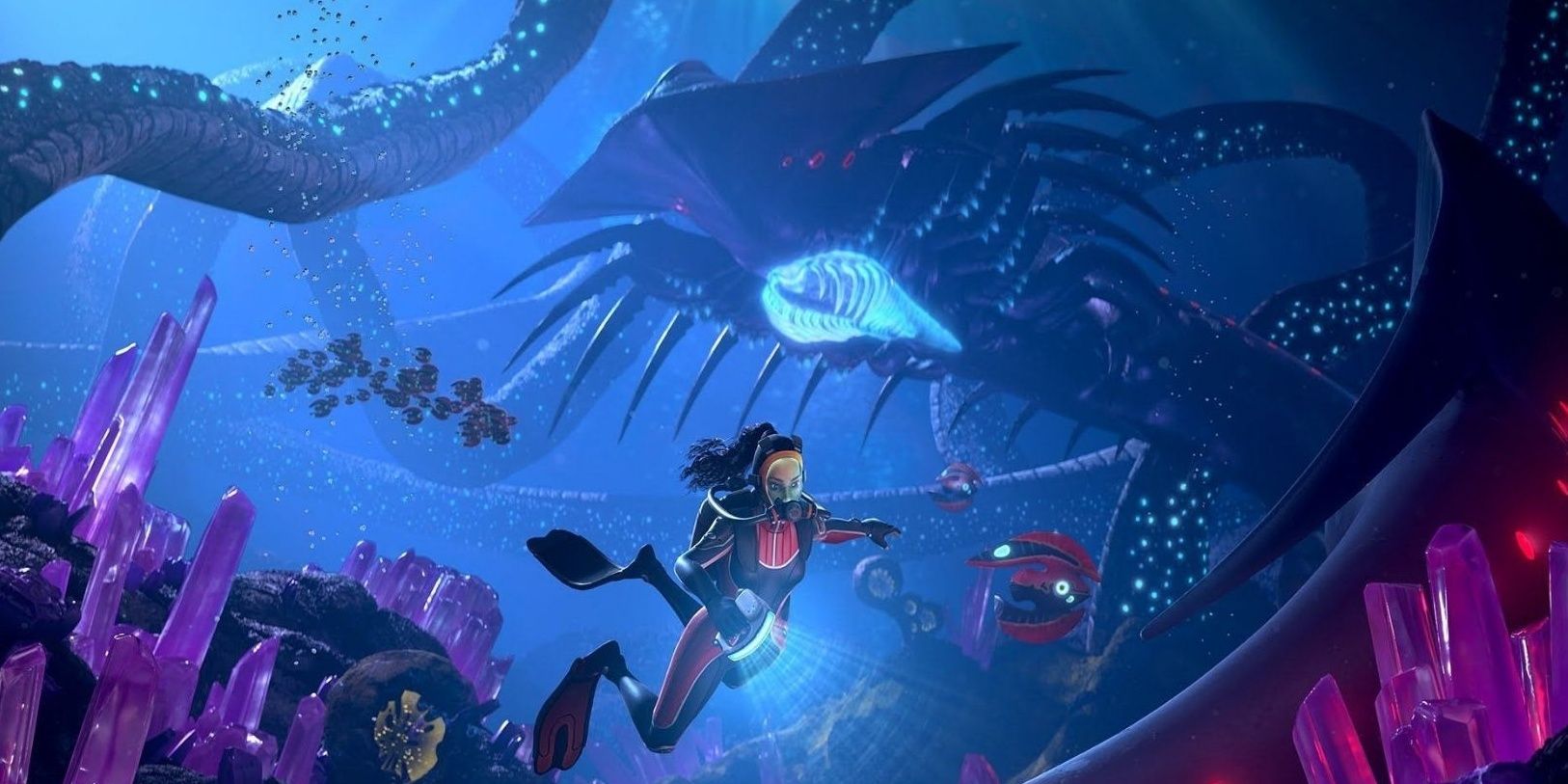 Promotional art of the Crystal Caves with Robin, a Shadow Leviathan, and Red Feather Fish