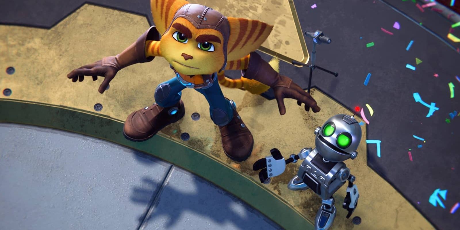 Ratchet and Clank standing on a platforming with confetti falling by them in Ratchet and Clank: Rift Apart