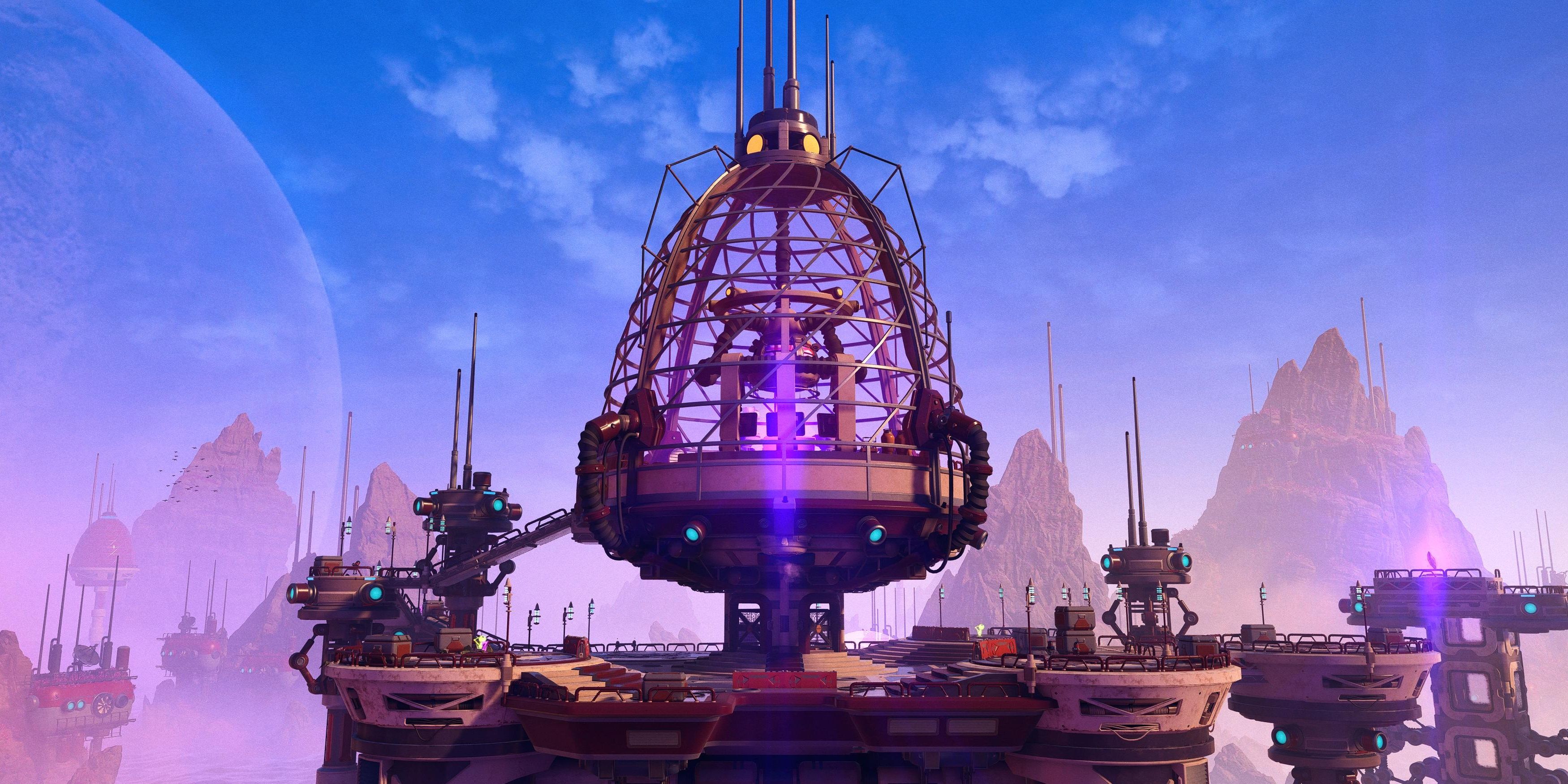 A look at the egg-shaped dome in Cordelion, a planet in Ratchet and Clank: Rift Apart