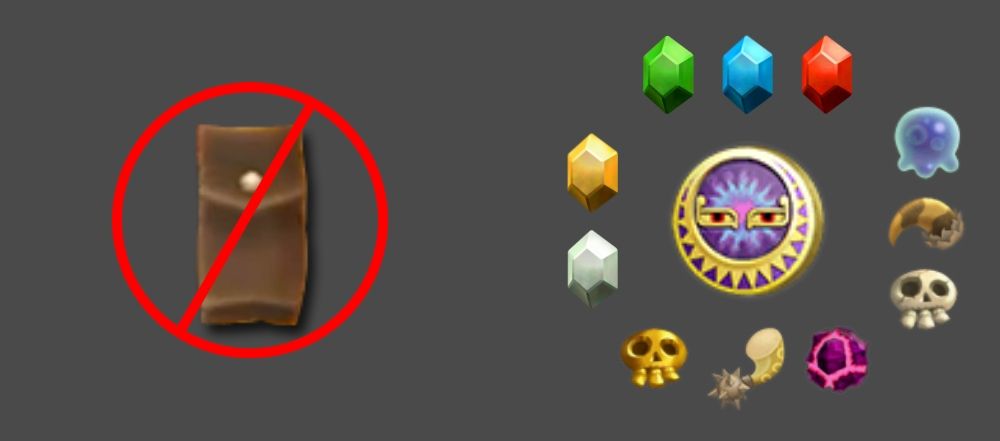 skyward sword cursed medal and treasures, rupees, and an adventure pouch with a strikethrough it indicating it cannot be used 