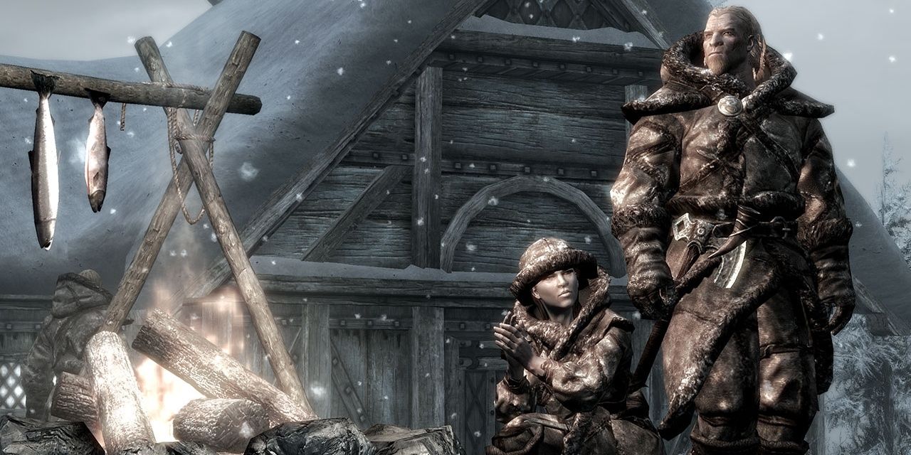 Two nords in from of a campfire