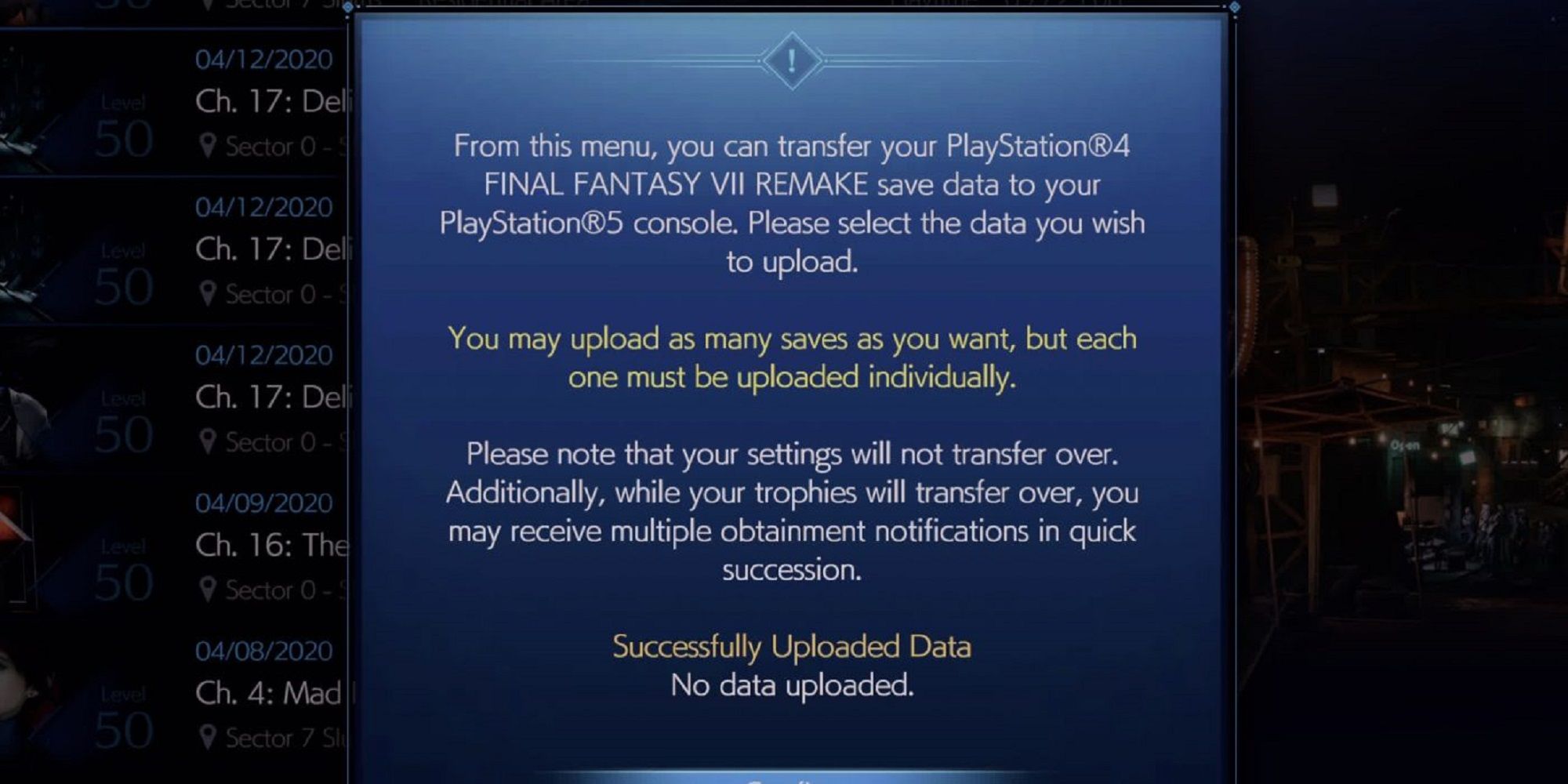 1.	Image showing the process of transferring PS4 save files to FF7 Intergrade on PS5.