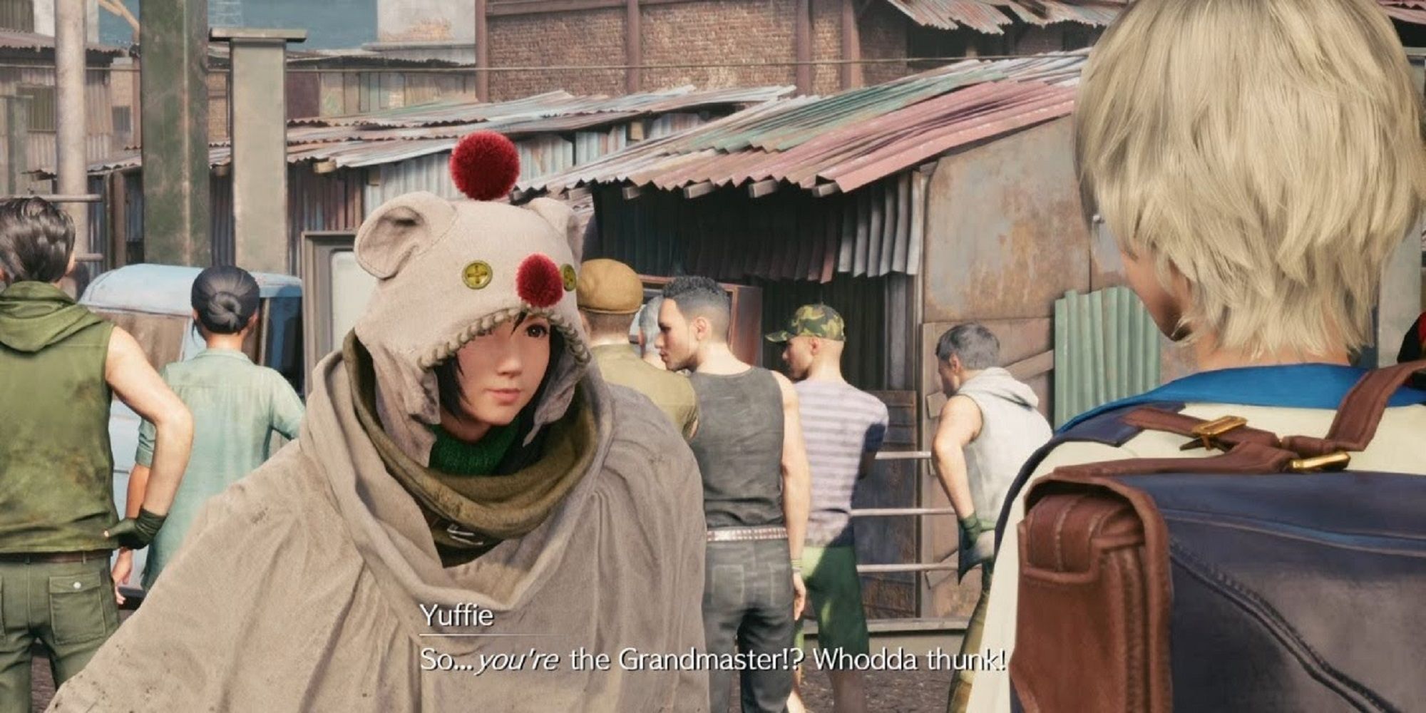 Yuffie with her hood up talking to Chadley in FF7 Intergrade.