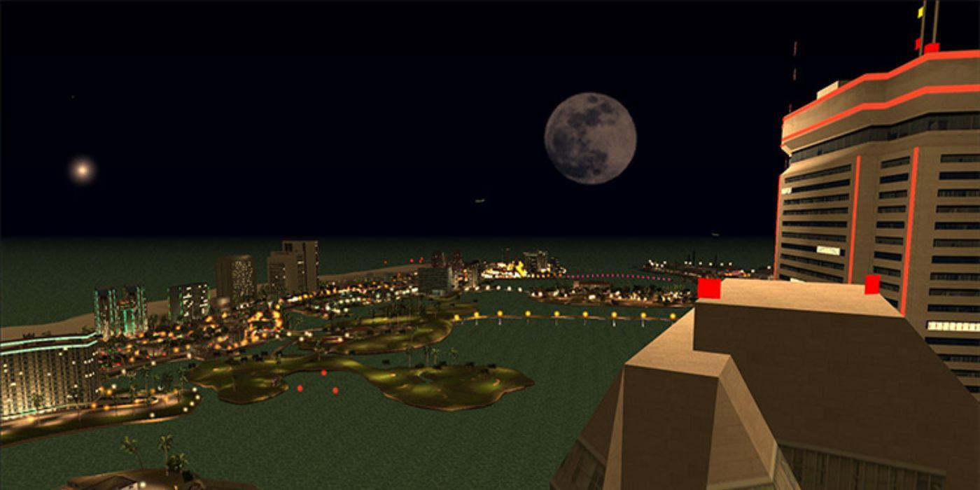 The moon looks at the Vice City skyline