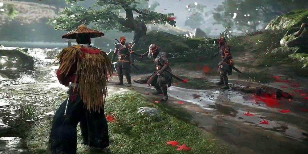 Ghost of Tsushima Jin fighting off Mongols 
