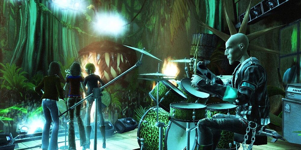 Guitar Hero Drummer And Band On Jungle Stage