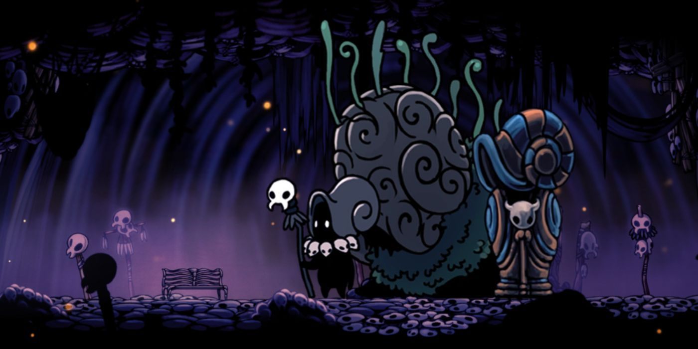 The Snail Shaman standing with his staff in hand near ominous bone totems and a Snail Shaman sarcophagus. 
