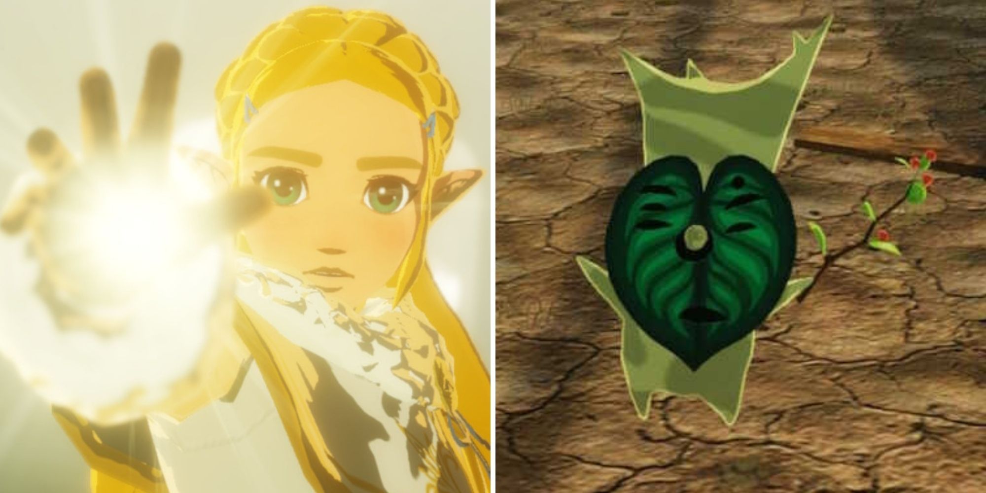 Hyrule Warriors Age of Calamity - Zelda using her powers on left, Korok on right