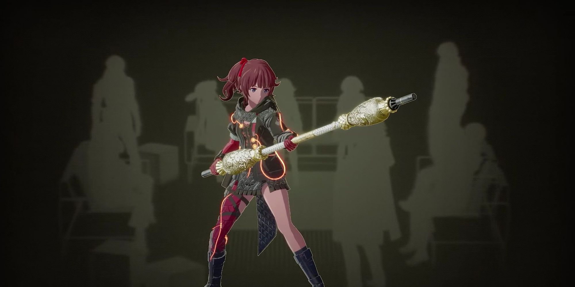 Hanabi Ichijo wielding her gigantic special torch the Kaen in Scarlet Nexus