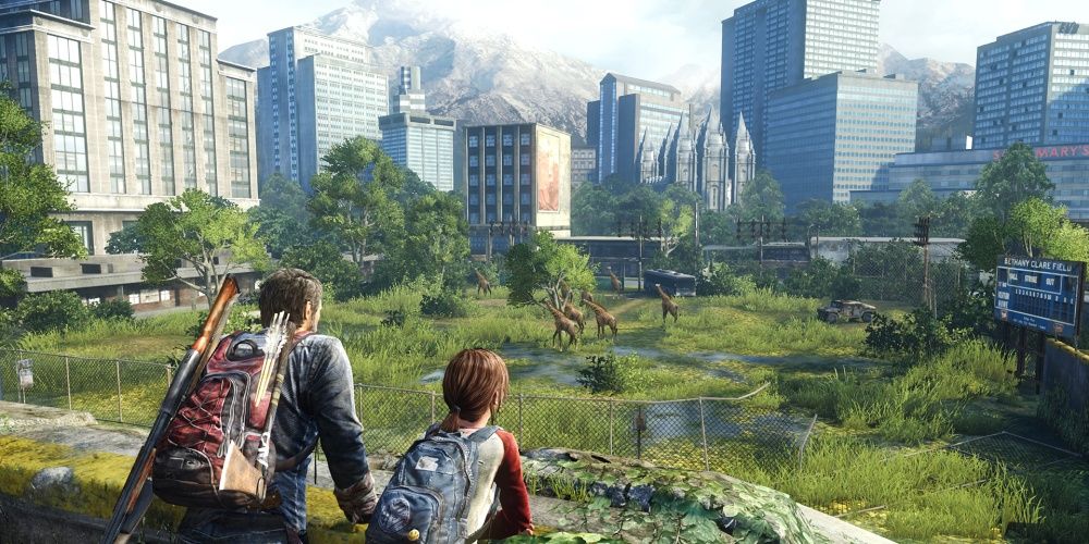 Last of Us Joel and Ellie look over the city 