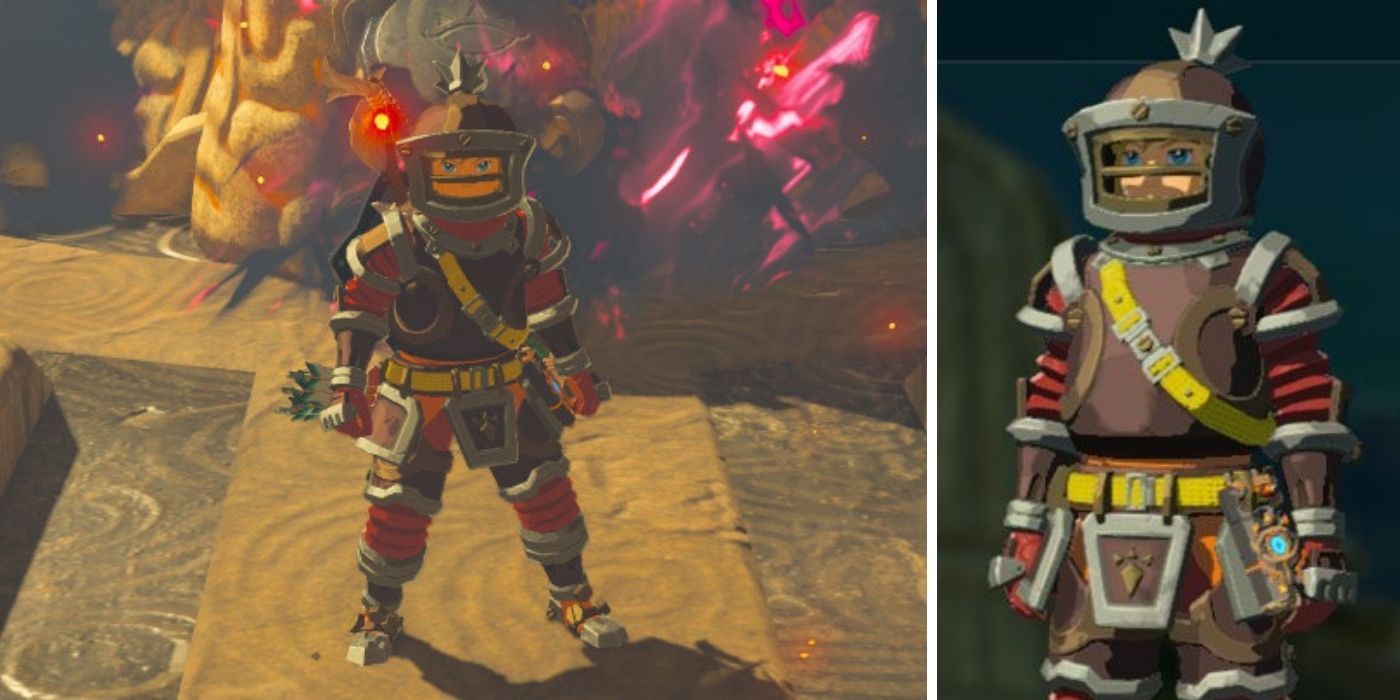 Legend of Zelda Breath of the Wild Flamebreaker Set (Armour) - Split Image with Link Wearing Flamebreaker Armour Set on both sides