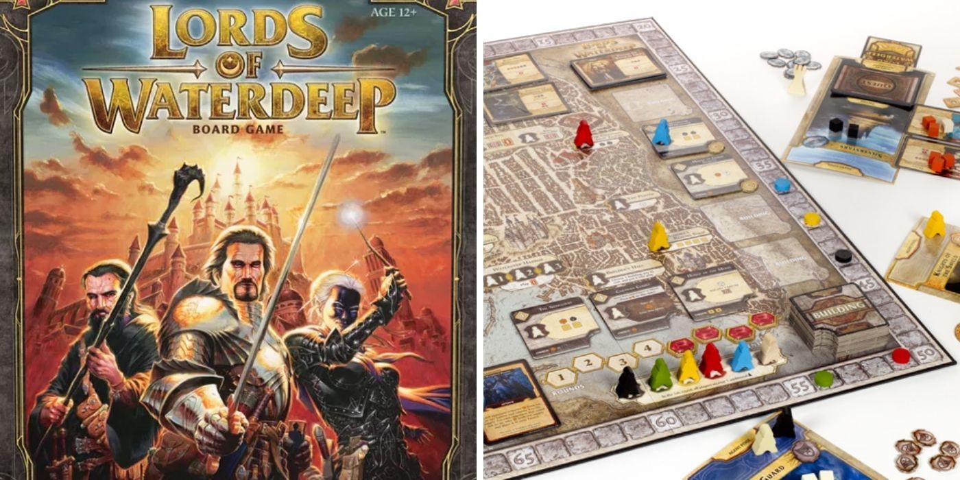Lords of Waterdeep Boardgame Box Cover and Board laid out with cards and meeples
