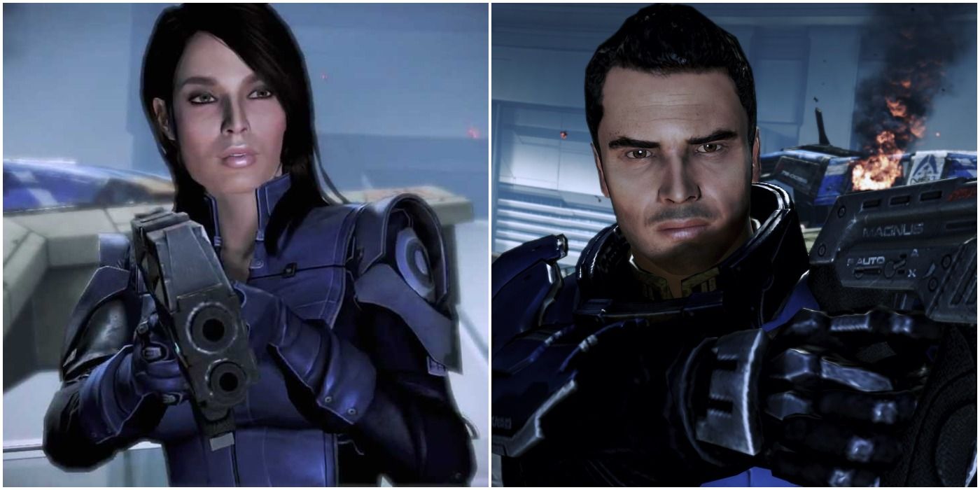 Ashley (left) and Kaidan in ME 3, depending on who surivived Virmire, with their guns drawn on Shepard (offscreen)