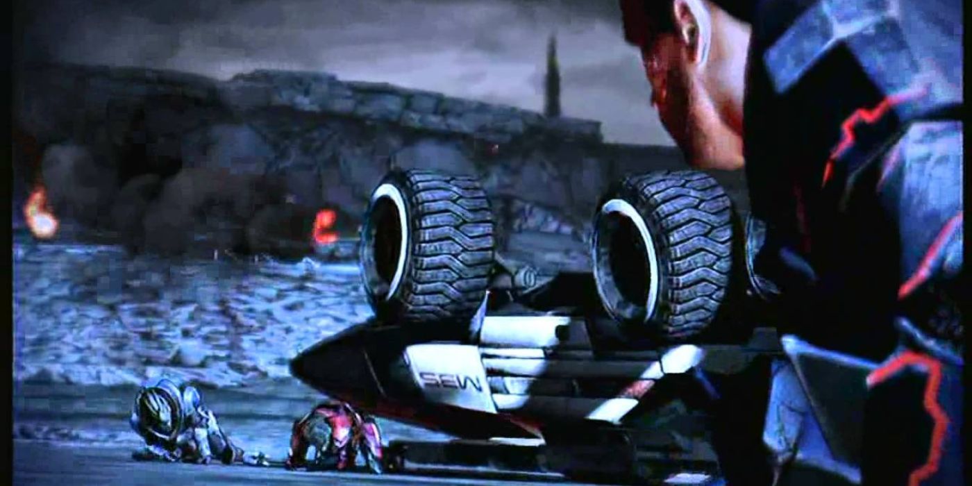 Shepard (right) looks at a grounded Garrus and Javik moments before their death at the hands of Harbinger