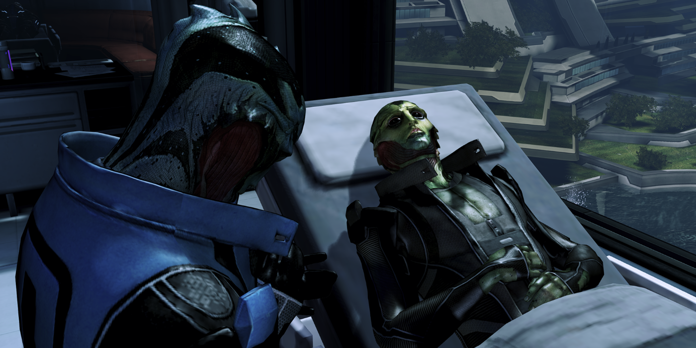 Thane (right) lies in a hospital be gradually dying as his son Kolyat (left) prays for him
