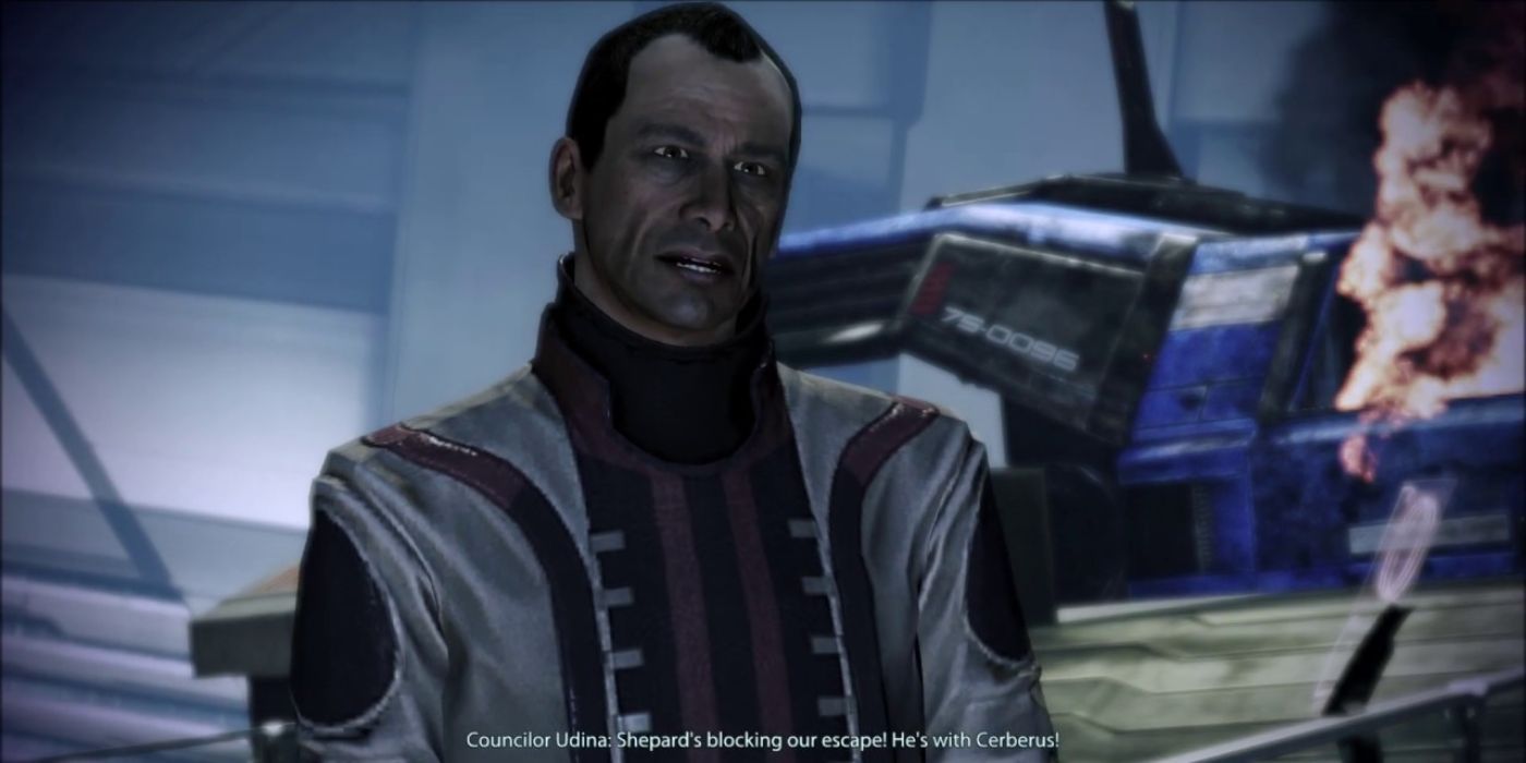 Udina tries to convince the Council and Ashley/Kaiden (depending on who survived Virmire) that Shepard is with Cerberus. Even though he is the one with Cerberus.
