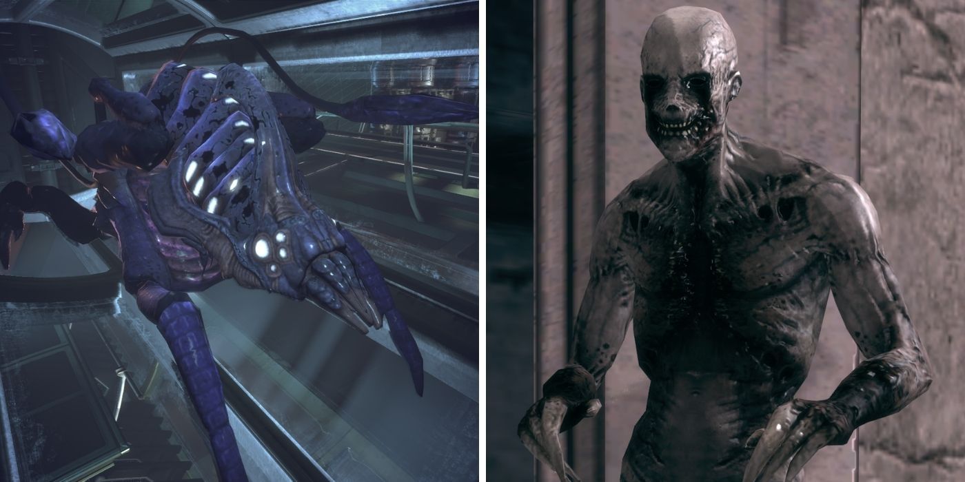 Mass Effect 1 Split Image of Rachni Queen on left and Thorian Creeper on right