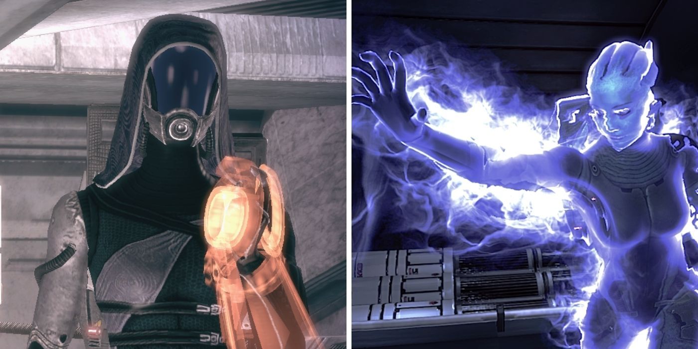 Mass Effect 1 Split Image of Tali holding omi-tool on left and Liara doing biotics on right