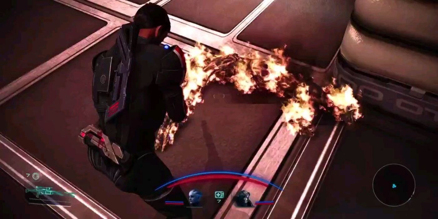 Mass Effect - Shepard Looking at enemy who is on fire due to Explosive Round