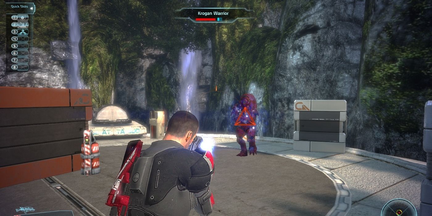 Mass Effect - Shepard shooting at a Krogan Warrior on Virmire