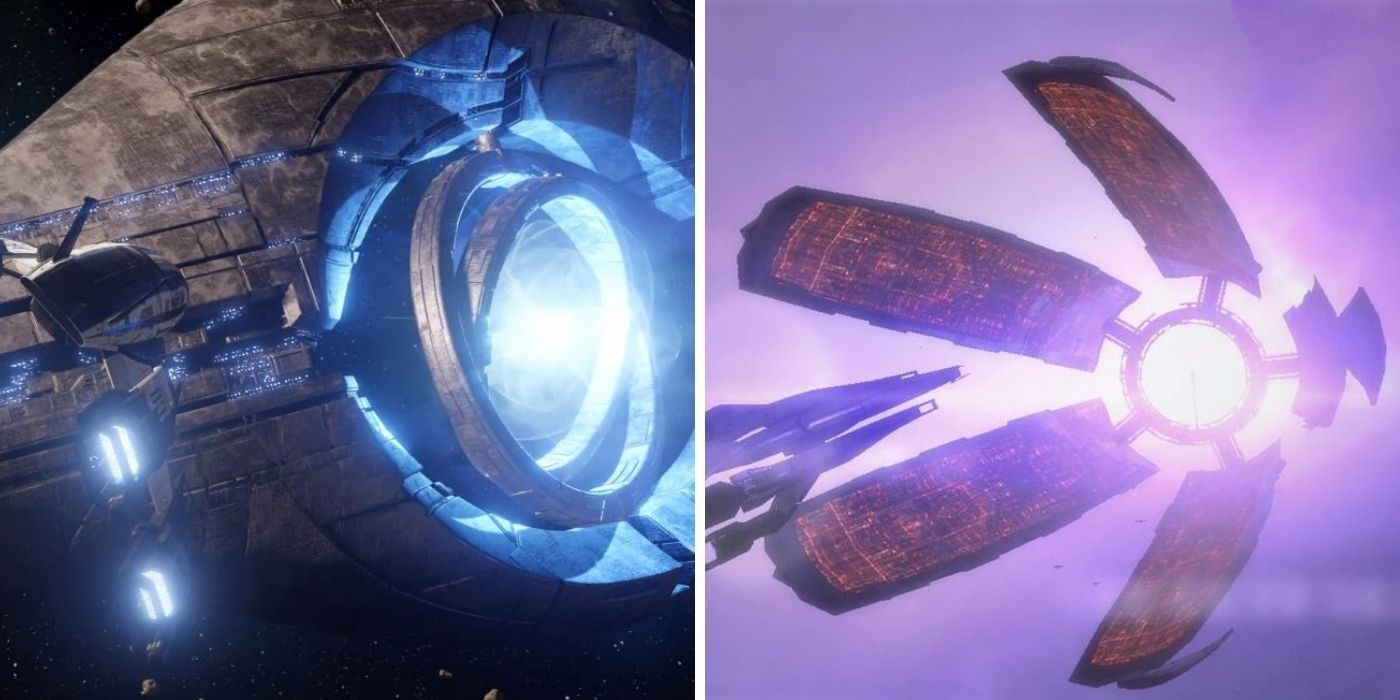 Mass Effect Split Image - Mass Relay viewed from space on left, Citadel viewed from space on right