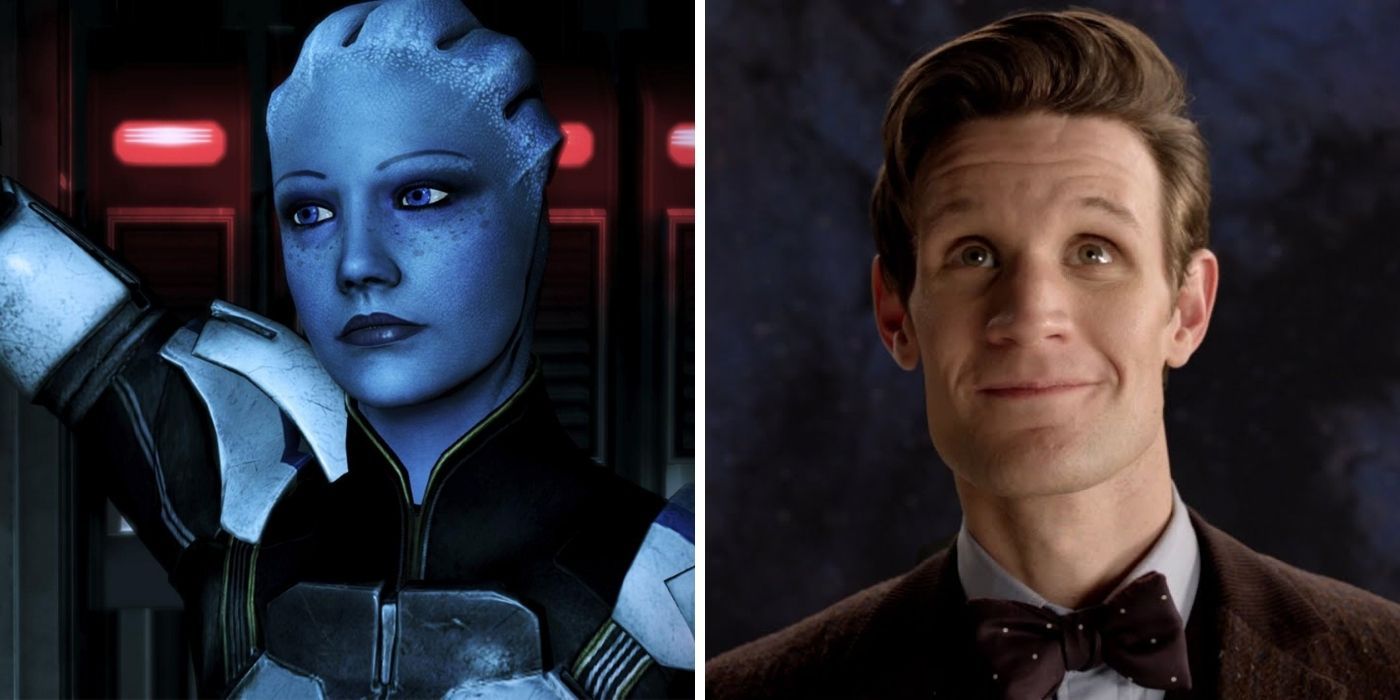 Mass Effect and Doctor Who - Split Image of Liara T'Soni on the left and the Doctor (Matt Smith) on the right