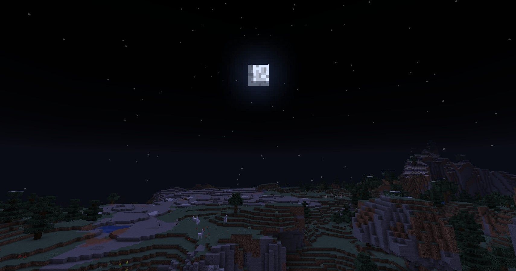 nigh time in minecraft with mountain range and moon