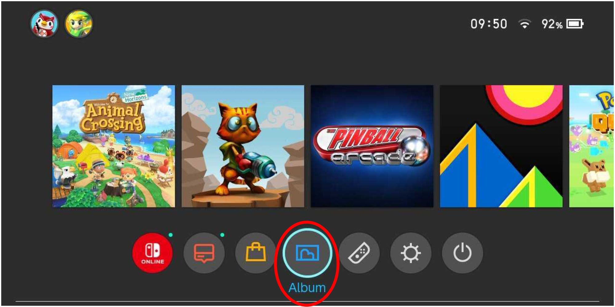 Nintendo Switch Home Screen Album Highlighted