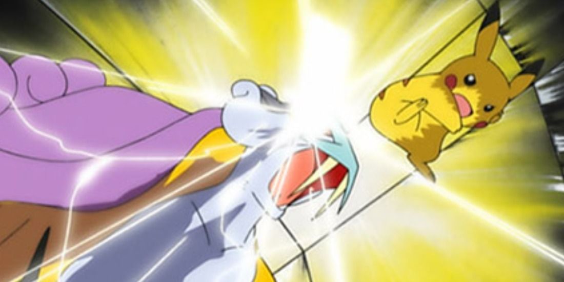 Pikachu getting supercharged by a Raikou trap from Wattson in the Pokemon Anime
