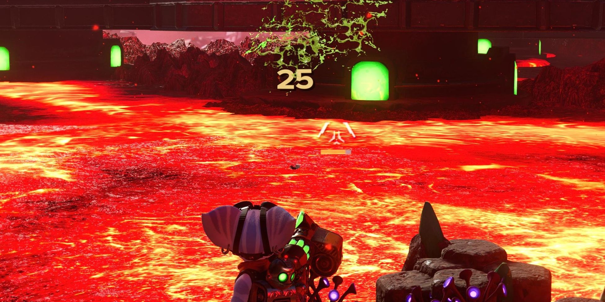 Rivet shooting an enemy with the damage of 25 showing due to the RPG Cheat in Ratchet and Clank: Rift Apart