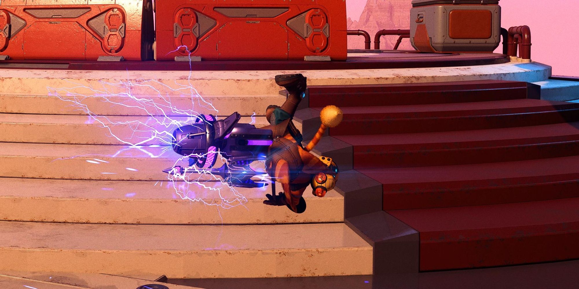 Ratchet flipping through the air while electricity pulses out of the Lightning Rod weapon in Ratchet and Clank: Rift Apart
