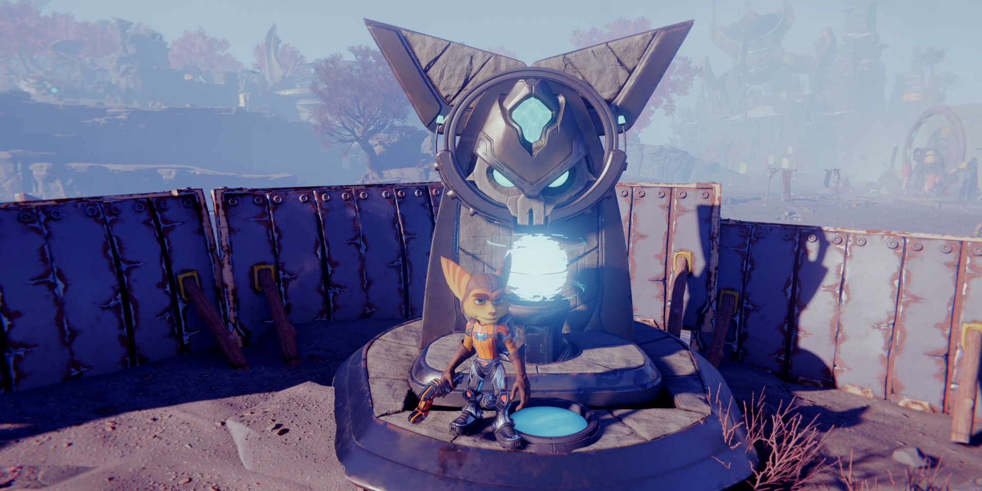 Ratchet stood in front of a Lombax statue