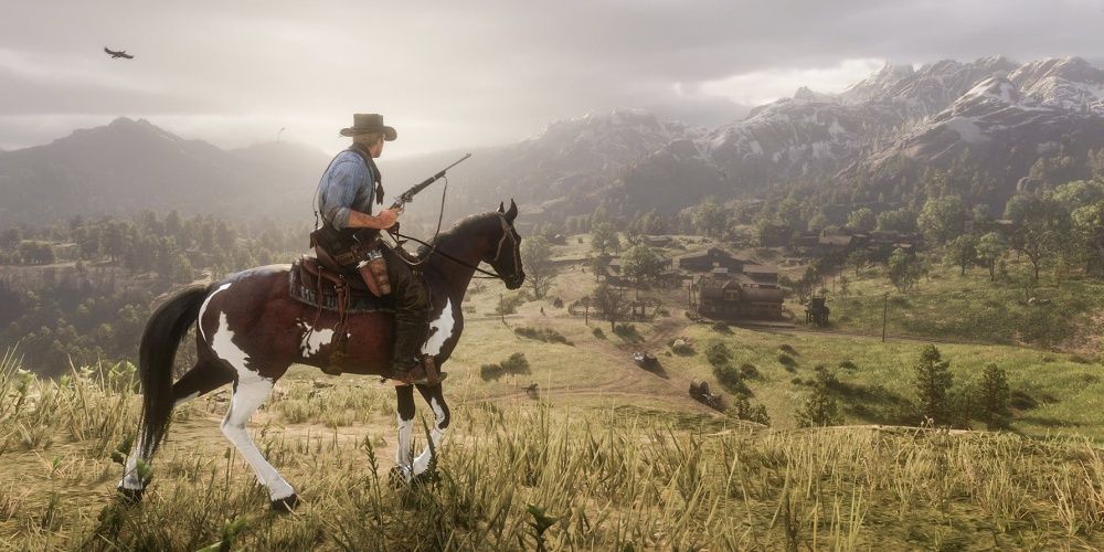 Red Dead Redemption 2 riding a horse in the plains