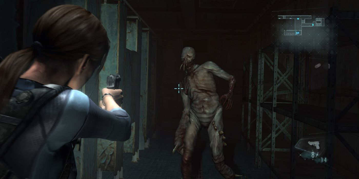 Resident Evil Revelations Screenshot Of Jill Valentine Aiming Gun at an Ooze enemy as it walks toward her in a dark area.