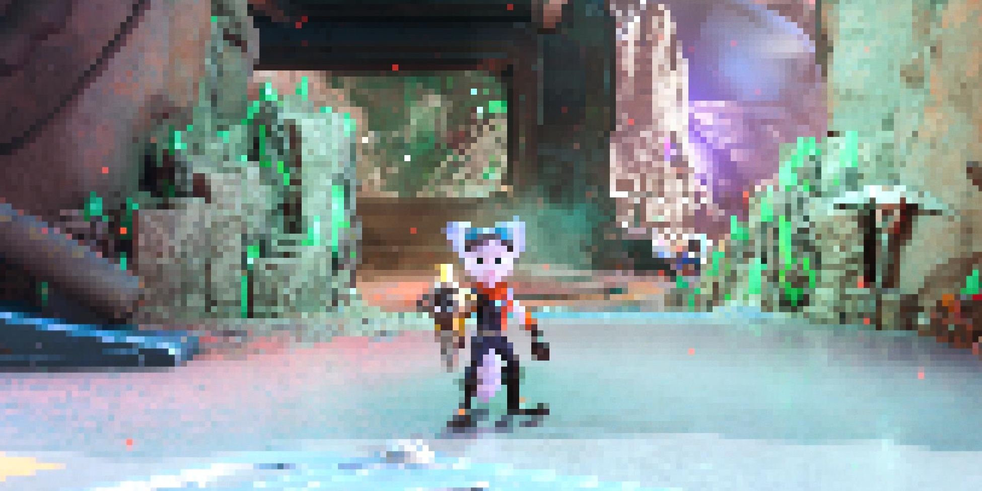 The Retro Filter in Ratchet And Clank: Rift Apart making everything pixelated