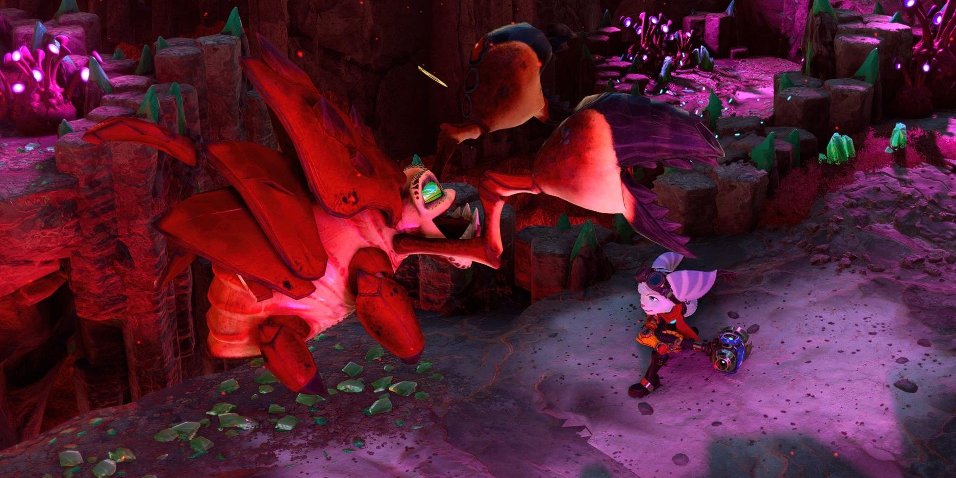 Rivet hitting an enemy with her hammer, sending it in the air in Ratchet and Clank: Rift Apart