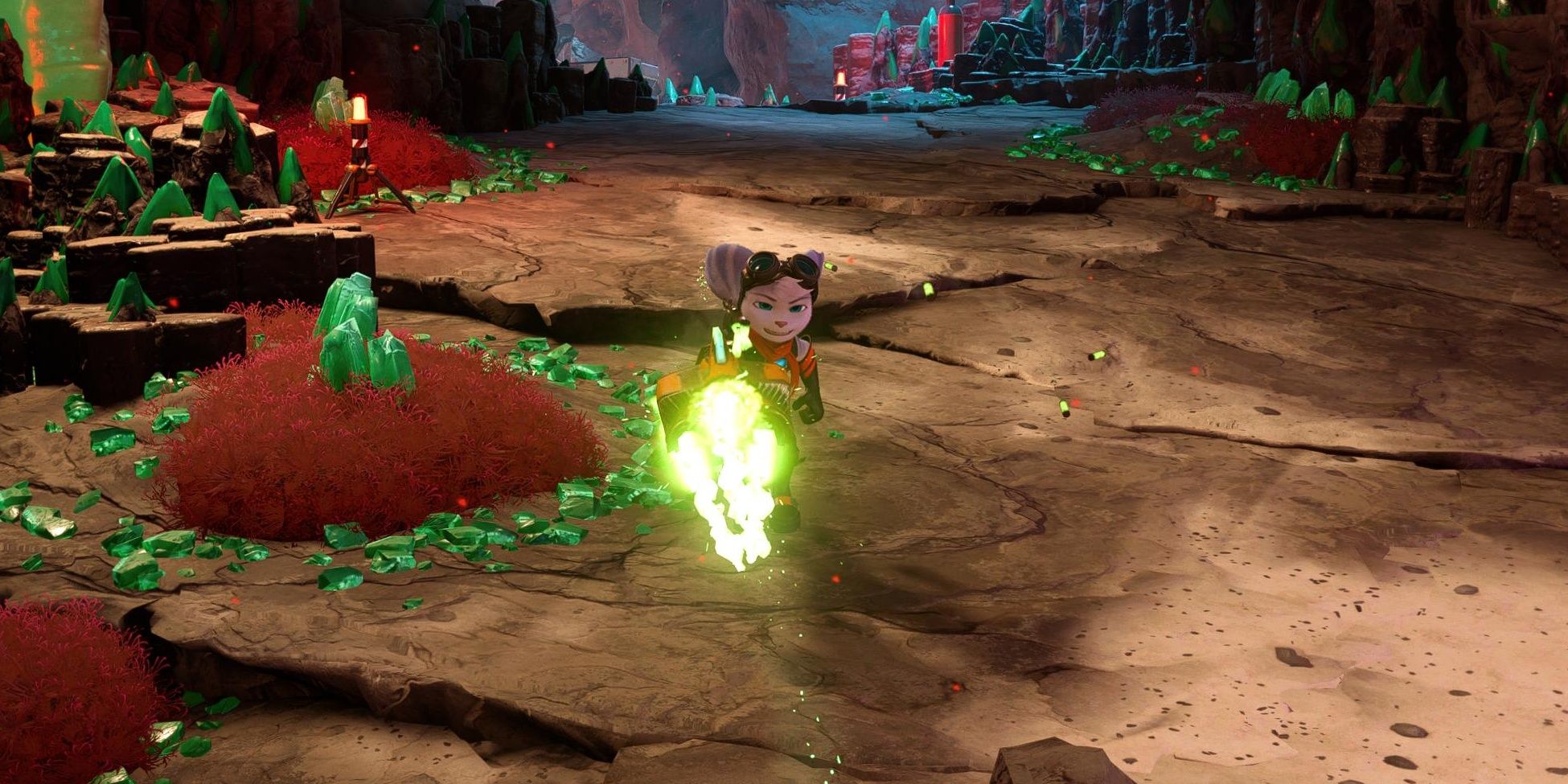Rivet shooting the Blast Pistol in Ratchet and Clank: Rift Apart