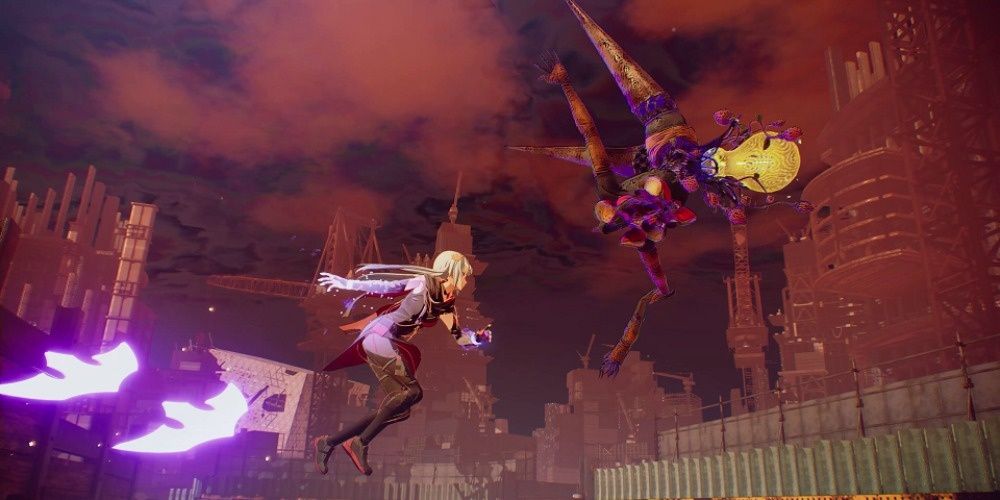 Kasane dashing in the air to attack an enemy, showcasing Scarlet Nexus' aerial combat.