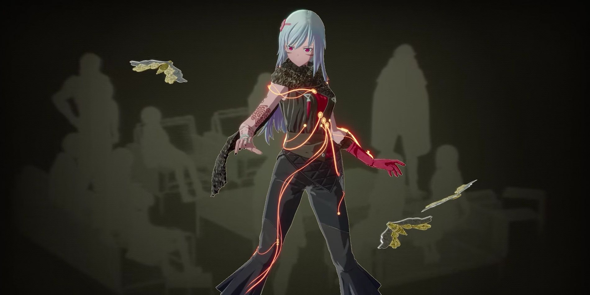 Kasane with her ultimate weapon Hitori equipped in Scarlet Nexus