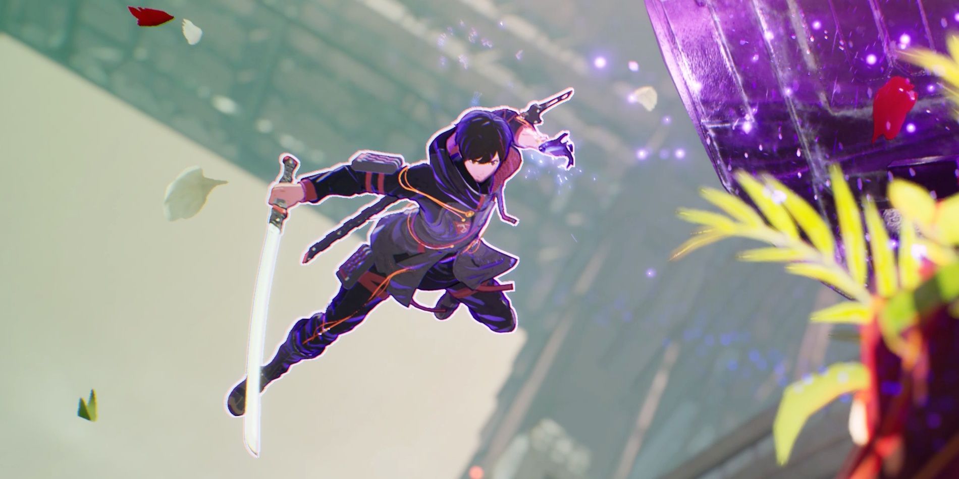 Yuito jumping high in the air using his Gravikinesis ability to throw an object at an enemy in Scarlet Nexus