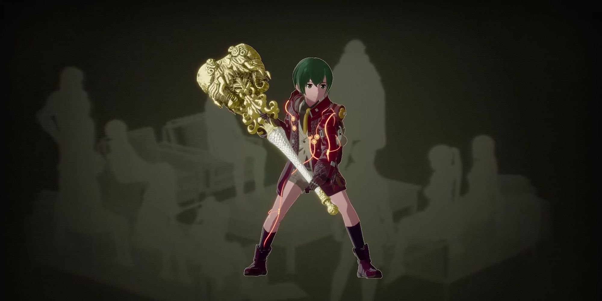 Luka Travers wielding his gigantic hammer the Shojin in Scarlet Nexus