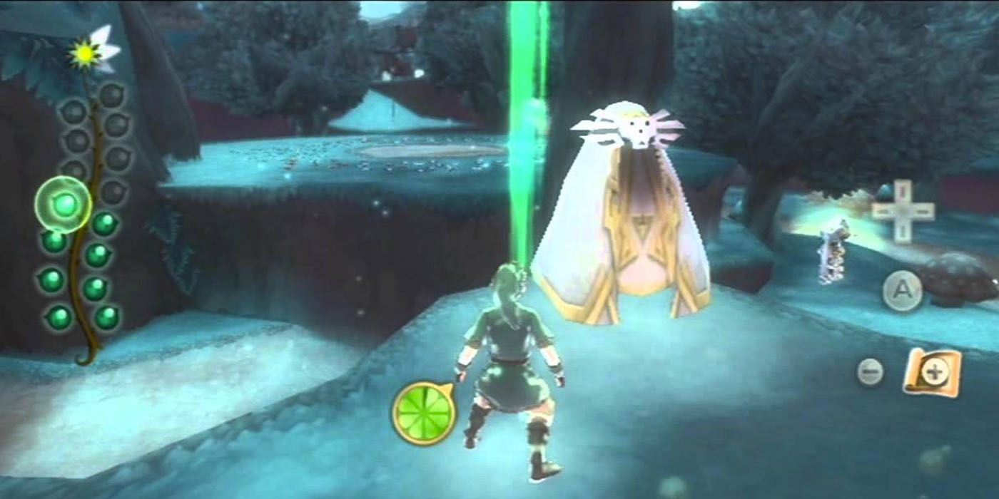 Link stands in front of a guardian in the Silent Realm