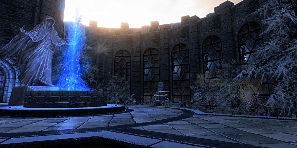 A view of the overhauled courtyard in the College Of Winterhold.